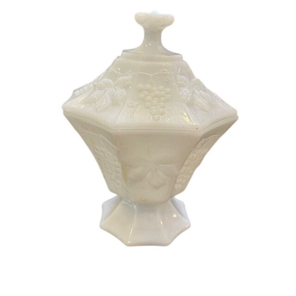 Vintage Octagonal White Milk Glass Compote With Lid Featuring Embossed Grapes &